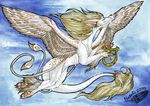  2010 ambiguous_gender blonde_hair claws dragon feathered_dragon feathered_wings feathers feral fur furred_dragon hair harp musical_instrument natoli nude outside pawpads sky smile solo traditional_media_(artwork) watermark white_feathers white_fur wings 