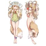  animal_ears anklet apple barefoot breasts dakimakura flower_wreath food fruit full_body head_wreath holding holo jewelry koume_keito long_hair looking_at_viewer looking_back lying multiple_views nude on_back on_stomach open_mouth red_eyes simple_background small_breasts smile spice_and_wolf strap_slip tail white_background 