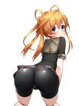  1girl absurdres abukuma_(kantai_collection) ass bike_shorts blonde_hair blue_eyes blush boruhis double_bun from_behind hair_between_eyes hair_rings highres kantai_collection kneeling leaning_forward long_hair looking_at_viewer looking_back miniskirt pleated_skirt remodel_(kantai_collection) school_uniform serafuku shiny shiny_clothes short_twintails shorts_under_skirt skirt solo thighs twintails white_background 