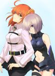  ahoge arms_at_sides bad_id bad_pixiv_id bangs bare_shoulders belt black_gloves black_legwear black_leotard blue_background blue_eyes breasts buckle closed_mouth collared_shirt cowboy_shot cropped_jacket elbow_gloves expressionless eyebrows_visible_through_hair fate/grand_order fate_(series) from_side frown fujimaru_ritsuka_(female) gloves gorget hair_between_eyes hair_ornament hair_over_one_eye hair_scrunchie halterneck head_on_another's_shoulder head_tilt highres hips impossible_clothes impossible_leotard jacket legs_together leotard light_smile long_sleeves looking_at_viewer looking_down mash_kyrielight medium_breasts miniskirt multiple_girls navel navel_cutout one_side_up orange_hair orange_scrunchie pantyhose pleated_skirt scrunchie shirt short_hair silver_hair simple_background skirt smile thigh_gap thigh_strap usanagi white_jacket white_shirt yellow_eyes 