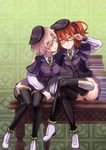  adjusting_eyewear atlas_academy_uniform bad_id bad_pixiv_id brown_hair crossed_legs fate/grand_order fate_(series) fujimaru_ritsuka_(female) garutaisa glasses green_neckwear hair_between_eyes hair_over_eyes hand_on_another's_shoulder hat looking_at_viewer mash_kyrielight miniskirt multiple_girls necktie purple_eyes purple_hair short_hair side_ponytail skirt thighhighs thighs yellow_eyes zettai_ryouiki 