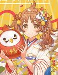  ahoge bangs bird blush braid brown_eyes brown_hair chick chicken cloud_print daruma_doll earrings eyebrows_visible_through_hair hair_ornament happy_new_year highres holding japanese_clothes jewelry kanzashi kimono kippu looking_at_viewer new_year obi original sash signature smile solo twintails upper_body wavy_hair white_kimono 