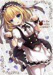  animal_ears apron bangs black_footwear black_ribbon blonde_hair blue_eyes blush bunny_ears center_frills commentary_request copyright_name corset dutch_angle eyebrows_visible_through_hair fake_animal_ears fleur_de_lapin_uniform frilled_apron frilled_skirt frills gochuumon_wa_usagi_desu_ka? highres kirima_sharo looking_at_viewer maid maid_headdress missile228 newspaper open_mouth paw_pose petals puffy_short_sleeves puffy_sleeves ribbon shadow shoes short_hair short_sleeves skirt smile solo standing standing_on_one_leg 