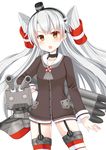  :o absurdres amatsukaze_(kantai_collection) asusilver_(artist) blush brown_dress brown_eyes cowboy_shot dress fang garter_straps gloves hair_tubes hand_on_hip hat head_tilt highres kantai_collection long_hair long_sleeves looking_at_viewer mini_hat open_mouth pink_eyes rensouhou-kun sailor_dress silver_hair simple_background single_glove striped striped_legwear thighhighs torpedo two_side_up v-shaped_eyebrows very_long_hair white_background white_gloves 