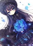  bangs black_bow black_dress black_hair black_neckwear blue_eyes blue_flower blue_ribbon bonnet bouquet bow bowtie center_frills closed_mouth commentary_request cover cover_page cross doujin_cover dress dutch_angle expressionless flower flower_button frilled_dress frilled_shirt_collar frills gothic_lolita highres holding holding_bouquet lolita_fashion long_hair looking_at_viewer original petals ribbon rubi-sama solo tsurime 