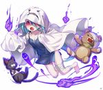  artist_request bandaged_arm bandaged_leg bandages barefoot blue_hair blush breasts character_request collarbone dokodemo_dungeon fang floating full_body ghost_costume hitodama long_hair medium_breasts no_pupils official_art open_mouth red_eyes simple_background solo stuffed_animal stuffed_toy sweatdrop teddy_bear white_background 