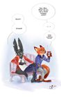  2017 anthro bench beverage canine clothed clothing coffee crossed_legs cup dialogue disney duo english_text fox humor lagomorph male mammal max_midnight nick_wilde rabbit simple_background sitting snow spintherella text white_background zootopia 