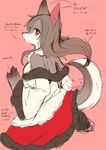  3_fingers alternate_species bare_shoulders breasts canine clothed clothing dress female furrification imaizumi_kagerou japanese_text mammal red_background simple_background solo text touhou translated wolf 