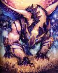  animal blue_eyes cloud fangs feathered_wings grass highres horns huge_filesize looking_at_viewer lord_of_vermilion multicolored multicolored_wings murayama_ryouta no_humans official_art open_mouth scan serious sharp_teeth sky solo sparkle square_enix sunset teeth wings 