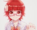  bad_id bad_pixiv_id bangs blunt_bangs bow bowtie closed_mouth collared_shirt eyebrows_visible_through_hair glasses grey_background hair_ornament holding_hands looking_at_viewer loose_bowtie melonpan_150-en out_of_frame pink-framed_eyewear pov pov_hands red_bow red_eyes red_hair red_neckwear seki_ayame semi-rimless_eyewear shirt short_hair simple_background smile solo_focus stella_no_mahou under-rim_eyewear upper_body white_shirt wing_collar 