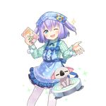  ;d animal apron aqua_eyes artist_request headdress holding koala lavender_hair long_sleeves official_art one_eye_closed open_mouth pantyhose rest_and_vacation short_hair smile solo sparkle sweat transparent_background two_side_up uchi_no_hime-sama_ga_ichiban_kawaii white_legwear 