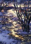  evening grass highres mountain no_humans original outdoors pippi_(pixiv_1922055) scenery snow snowing tree water 