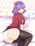  ass autumn_leaves bangs bed_sheet black_legwear breasts eyebrows_visible_through_hair hair_between_eyes highres large_breasts looking_at_viewer lying microskirt miniskirt on_side panties patterned pillow polka_dot_pillow puffy_short_sleeves puffy_sleeves purple_hair purple_skirt red_eyes red_shirt reflective_eyes rope shiny shiny_clothes shiny_hair shiny_skin shirt short_hair short_sleeves skindentation skirt skirt_lift skirt_rolled_up smile solo striped thighhighs thighs touhou underwear wall white_panties x&amp;x&amp;x yasaka_kanako 