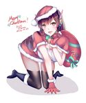  2016 arm_support bangs bell black_footwear black_legwear blush boots breasts brown_eyes brown_hair candy candy_cane christmas cleavage d.va_(overwatch) dated dress eyebrows_visible_through_hair facial_mark fang food full_body fur-trimmed_boots fur-trimmed_gloves fur_trim gingerbread_man gloves green_ribbon hand_up hat headphones holding kevn knee_boots kneeling long_hair looking_at_viewer medium_breasts merry_christmas open_mouth over_shoulder overwatch red_gloves ribbon sack santa_hat signature simple_background smile solo thighhighs whisker_markings white_background 