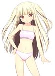  &gt;:) ass_visible_through_thighs bangs bikini blonde_hair blush breasts closed_mouth collarbone cowboy_shot eyebrows_visible_through_hair hand_on_hip highres long_hair looking_at_viewer navel original pink_bikini red_eyes simple_background small_breasts smile solo sora46 spaghetti_strap standing swimsuit thighs two_side_up v-shaped_eyebrows white_background 