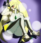 1girl barefoot blonde_hair blush feet green_eyes highres holding_shoes lens_flare long_hair lusamine_(pokemon) pokemon pokemon_sm shoe_dangle shoes_removed single_shoe sitting soles spread_toes toes tongue_out 