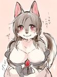 alternate_species bare_shoulders breasts canine cleavage clothed clothing female furrification imaizumi_kagerou japanese_text mammal simple_background solo text touhou translated wolf 
