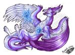  2010 ambiguous_gender avian beak claws ear_piercing feathered_wings feathers feral fur gryphon natoli nude open_mouth piercing purple_feathers purple_fur simple_background smile solo tongue traditional_media_(artwork) watermark white_background wings 
