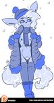  anthro big_hair bottomless breasts cinnamon_swirl clothed clothing duckdraw eeveelution female flareon flashing fur glowing glowing_eyes hair hair_over_eye nintendo pok&eacute;mon pubes pussy simple_background small_breasts snow solo video_games wide_hips 