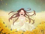  bare_shoulders between_legs blush brown_hair closed_eyes crying day dress flower hand_between_legs long_hair monotsuki nose_blush open_mouth original outdoors petals sad sobbing solo sundress tears very_long_hair white_dress wind 