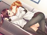  aida_takanobu black_legwear blush brown_hair closed_eyes fingering french_kiss green_eyes hairband highres kiss multiple_girls onohara_hazuki orange_hair panties panties_removed pantyhose purple_panties red_skirt school_uniform shiny shiny_hair shirt skirt sono_hanabira_ni_kuchizuke_wo suou_manami twintails underwear visible_ears white_shirt yuri 