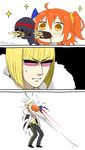  2boys 3koma ahoge armor berserker_(fate/zero) blonde_hair comic fate/grand_order fate/zero fate_(series) food fujimaru_ritsuka_(female) fur_trim hair_between_eyes hair_ornament hair_scrunchie jumping kaikodou_kana meme mouth_hold multiple_boys open_mouth orange_hair orange_scrunchie pocky pocky_kiss riyo_(lyomsnpmp)_(style) sakata_kintoki_(fate/grand_order) scrunchie shared_food short_hair side_ponytail sparkle sunglasses sweatdrop twitter_username yellow_eyes 