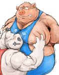  armpit_hair blush canine japanese_text kotobuki male mammal moobs musk nipples overweight overweight_male pig porcine sniffing sweat text wolf wrestling_singlet 
