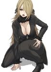  absurdres black_footwear black_pants blonde_hair breasts brown_eyes cleavage fur_trim hair_over_one_eye hair_ribbon highres kumamoto_nomii-kun large_breasts long_hair looking_at_viewer one_knee open_mouth pants pokemon ribbon shirona_(pokemon) shoes solo tongue tongue_out 