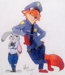  2016 anthro barefoot bulletproof_vest canine clothed clothing crossed_arms disney duo eye_contact female fox green_eyes hat judy_hopps lagomorph leaning male mammal missashleyng necktie nick_wilde police_uniform purple_eyes rabbit signature simple_background smile traditional_media_(artwork) uniform white_background zootopia 