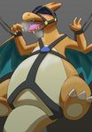  bdsm belly big_belly blindfold blush bondage bound charizard claws feet feral gag gagged grey_background harness harness_bit_gag kurou-karasu male membranous_wings nintendo open_mouth orange_skin pok&eacute;mon reins saliva scalie shackles simple_background solo teeth toe_claws tongue video_games wings 