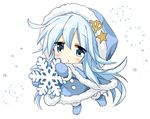  blue_dress blue_eyes blue_footwear boots cape chestnut_mouth chibi coat dress hammer_and_sickle hibiki_(kantai_collection) hizuki_yayoi hood kantai_collection long_hair mittens pantyhose silver_hair snowflakes solo verniy_(kantai_collection) winter_clothes 