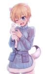  animal_ears belt blonde_hair blue_eyes blue_sweater blush brave_witches commentary ermine ermine_ears ermine_tail eyebrows_visible_through_hair fur_trim happy highres konnyaku_(kk-monmon) nikka_edvardine_katajainen one_eye_closed pantyhose pouch ribbed_sweater short_hair simple_background solo sweater tail turtleneck turtleneck_sweater weasel_tail white_background white_legwear world_witches_series 