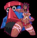  armpits arms_up bangle bare_shoulders belt black_background black_hair blue_nails bracelet breasts cameltoe cropped_legs dark_skin diamond diamond_(shape) earrings elite_four fingernails gen_4_pokemon hips island_kahuna jewelry large_breasts lipstick looking_at_viewer lychee_(pokemon) makeup midriff multicolored_hair nail_polish navel no_bra outline pink_lipstick poke_ball pokemon pokemon_(game) pokemon_sm probopass short_hair short_shorts shorts simple_background sleeveless smile solo stomach tagane tank_top thick_thighs thigh_strap thighs thong underwear unzipped wide_hips wristband z-ring 