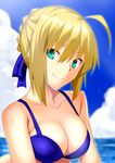  1girl ahoge bikini blonde_hair blue_eyes blush fate/stay_night fate_(series) long_hair odango saber smile solo 