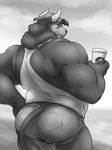  2016 anthro back_muscles bear beverage biceps biped bovine cattle clothed clothing coffee cup denim_shorts digital_media_(artwork) grisser hair hi_res holding_cup holding_object horn hybrid looking_at_viewer looking_back male mammal muscular muscular_male portrait rear_view shirt shorts signature smile snout solo standing starbucks tank_top three-quarter_portrait 