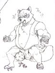  ball ballbusting balls belly biceps big_balls captainjohkid clothing cock_and_ball_torture footwear japanese_clothing japanese_text male mammal muscular open_mouth overweight pecs sandals sketch solo tanuki text 