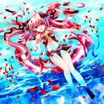  artist_request bad_id bad_pixiv_id bikini black_ribbon collarbone fang fingernails hair_ornament hair_ribbon krul_tepes long_hair looking_at_viewer navel open_mouth owari_no_seraph partially_submerged petals pink_hair pointy_ears red_bikini red_eyes ribbon solo swimsuit 