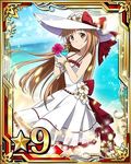  asuna_(sao) bare_shoulders beach blue_hawaii bow breasts brown_eyes brown_hair card_(medium) cleavage collarbone day dress flower hat hibiscus looking_at_viewer medium_breasts number ocean official_art outdoors red_bow red_flower short_hair sleeveless sleeveless_dress smile solo sun_hat sword_art_online sword_art_online:_code_register tropical_drink white_flower white_hat 