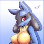  2017 breasts canine female kyodashiro looking_at_viewer lucario mammal nintendo pok&eacute;mon smile solo video_games 
