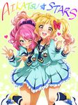  :d ;d aikatsu!_(series) aikatsu_stars! blonde_hair blue_eyes blush bow brown_eyes copyright_name drill_hair frills gradient_hair hair_bow hairband heart multicolored_hair multiple_girls nijino_yume nose_blush one_eye_closed open_mouth pink_hair sakuraba_rola school_uniform smile twintails yakiniku_(konoha3561) yotsuboshi_academy_uniform yuri 