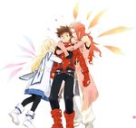  1girl 2boys bare_shoulders belt blonde_hair boots brown_eyes brown_hair capelet coat collet_brunel dress elbow_gloves eyes_closed gloves headband lloyd_irving long_hair multiple_boys open_mouth pants pantyhose red_hair short_hair tales_of_(series) tales_of_symphonia zelos_wilder 
