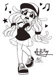  artist_name baseball_cap commentary_request full_body greyscale hairband hat highres microphone miniskirt monochrome open_mouth paruko_(splatoon) shirt shoes skirt sneakers solo splatoon_(series) splatoon_1 t-shirt tentacle_hair usa_(dai9c_carnival) 