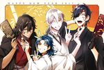  4boys ;) black_gloves black_hair blue_hair brown_hair eyepatch facepaint feathers fuku-ro gloves grin hagoita hair_feathers hanetsuki happy_new_year japanese_clothes male_focus multiple_boys new_year one_eye_closed ookurikara open_mouth paddle paintbrush shokudaikiri_mitsutada smile taikogane_sadamune touken_ranbu tsurumaru_kuninaga v white_hair yellow_eyes 