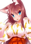  :3 animal_ears blue_eyes blush breasts brown_hair fang imaizumi_kagerou japanese_clothes kimono koha large_breasts looking_at_viewer open_mouth simple_background solo touhou white_background wide_sleeves wolf_ears 