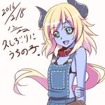  black_sclera blonde_hair blue_skin blush collar demon_girl demon_horns fang h-new horns long_hair looking_at_viewer original overalls pointy_ears smile solo translation_request 