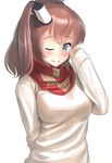  alternate_costume ao_iro blue_eyes brown_hair highres kantai_collection long_hair looking_at_viewer one_eye_closed ponytail red_scarf saratoga_(kantai_collection) scarf side_ponytail simple_background sleeves_past_wrists smile solo sweater upper_body white_background white_sweater 