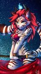  anthro black_fur blue_eyes breasts digital_media_(artwork) feline female fire fur hair holding_object holding_weapon horn katana longdanger looking_at_viewer mammal melee_weapon multicolored_fur red_hair smile solo striped_fur stripes sword tiger weapon white_fur 