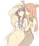  2girls arm_up blush breasts dress eye_contact eyebrows_visible_through_hair frilled_sleeves frills hand_holding hands_up head_wings juliet_sleeves koakuma long_hair long_sleeves medium_breasts misoni_comi multiple_girls patchouli_knowledge puffy_sleeves purple_eyes purple_hair red_eyes red_hair simple_background sitting sketch smile the_embodiment_of_scarlet_devil touhou white_background 