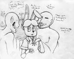  2015 animatronic anthro black_and_white blush bow_tie buckteeth dialogue english_text faceless_male five_nights_at_freddy&#039;s five_nights_at_freddy&#039;s_2 group human inkyfrog lagomorph machine male male/male mammal monochrome nude rabbit robot simple_background solo_focus teeth text toy_bonnie_(fnaf) traditional_media_(artwork) video_games white_background 