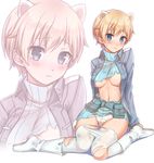  blonde_hair blue_eyes blue_sweater blush boots brave_witches breasts commentary dirty dirty_clothes dirty_face ermine_ears frown fur_trim jacket konnyaku_(kk-monmon) medium_breasts military military_uniform navel nikka_edvardine_katajainen open_clothes open_jacket panties pantyhose pouch ribbed_sweater shadow short_hair sitting solo sweater torn_boots torn_clothes torn_legwear torn_sweater turtleneck turtleneck_sweater underboob underwear uniform wariza white_background white_footwear white_legwear white_panties world_witches_series zoom_layer 
